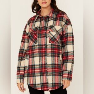 FORNIA Women's Plaid Print Shacket Medium Snap Placket Pockets Outdoor